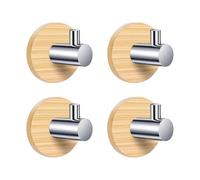 CHROMACRAFT 4 Ganci Singoli in bambù E Piano in Legno, Ganci in Argento Chiaro, Appeso A Parete Autoadesivo, Porta Chiavi per Asciugamani, Installazione Senza Chiodi.