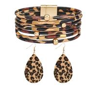 CHROMACRAFT Braccialetto in Pelle Leopardata 1 Pz, Orecchini Leopardati retrò 1 Pz, Braccialetto da Donna Multistrato, Orecchini A Goccia alla Moda, Gioielli Bohémien.