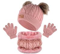 Chstarina Sciarpa Guanti e Cappello Bambino, Cappello a Maglia Bambini Invernale Beanie Sciarpa Guanti, Berretto Scaldacollo Guanti Set, Berretto con Pompon per tra 1 e 6 Anni Ragazze Ragazzi (Rosa)