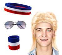 Chuangdi Parrucca triglia 4 luglio da uomo anni '80 parrucca triglia per il giorno dell'indipendenza discoteca usa braccialetto patriottica bandiera americana occhiali da sole anni '80 per feste in