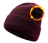 CHUANGLI - Berretto invernale XXL in lana per uomo e donna, foderato in pile, morbido e caldo, lavorato a maglia, cappello da sci, con risvolto, cuffia, Rosso vinaccia, M-L