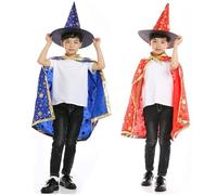 CHUANGOU 2 Pezzi Mantello da Strega di Halloween,Costume da Strega di Halloween,Costume da Mago con Cappello,Witch Wizard Cloak(Blu, Arancione)