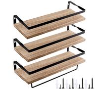 CHUENKUK Mensola da parete rustica da cucina con portasciugamani, 40 x 15 x 1,5 cm, 3 livelli, in legno, con vite e tubo di espansione, per cucina, bagno e soggiorno, marrone chiaro