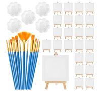 CHUENKUK Mini tela con cavalletto con pennello e tavolozza di colori, 10 x 10 cm, 24 pezzi, per dipingere con cavalletto in legno per arte e hobby