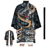 CHUIKUAJ Kimono da Uomo, Cardigan Lungo, Manica 3/4, Kimono con Cintura, Stampa Drago, Aperto sul Davanti, Soprabito - Taglie Forti,Black-5XL