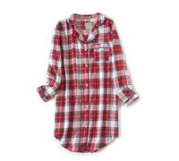 CHUNG Camicia da notte da donna a maniche lunghe con bottoni a quadri camicia da notte scozzese pigiama flanella di cotone, Plaid bianco rosso, L