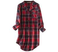 CHUNG Camicia da notte da donna a maniche lunghe, con bottoni, a quadri, in flanella, scozzese, a tartan, in cotone, Verde e rosso., XL