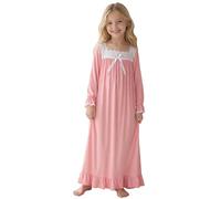CHUNG Camicia da notte da principessa in stile vintage, vittoriano, a maniche lunghe, in pizzo, scollo quadrato, camicia da notte, Rosa (Colletto quadrato), 5-6 Years