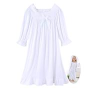 CHUNG Little Big Girls Vintage Victorian Nighties Modal manica lunga pizzo collo quadrato camicia da notte principessa camicia da notte, Bianco (colletto quadrato), 9-10 Anni