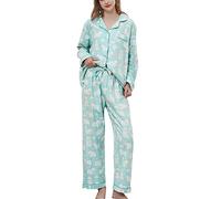 CHUNG Pigiama da donna in cotone spazzolato set manica lunga con bottoni in giù top pantaloni flanella pigiami Lounge accogliente inverno caldo plus size, Pecora verde., XL