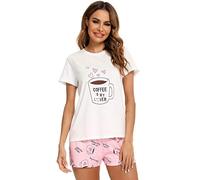 CHUNG Pigiama da donna in misto cotone con maglietta a maniche corte e pantaloncini carino gatto cartone animato estivo sottile da donna Lougewear indumenti da notte, amore caffè 01, L