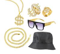 CHUNLINLAODA 6 PCS Kit Costume Hip Hop Set Accessori Rapper 80s 90s Rapper Costume Hip Hop con Cappello a Secchiello Occhiali da Sole Catena d'Oro Anello Dollaroper per Carnevale Concerti (Oro)