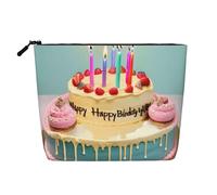 CHUNMINW Beauty case da donna, con stampa di una torta di buon compleanno, borsa per il trucco con cerniera, borsa da viaggio per cosmetici da toeletta, organizer impermeabile, nero, Taglia unica