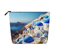 CHUNMINW Santorini - Beauty case da donna, con cerniera, motivo isola greca, vista mare, impermeabile, da viaggio, nero, Taglia unica