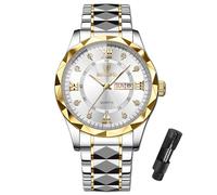 CHUOZI Orologio da uomo in acciaio inox con diamanti, analogico, al quarzo, impermeabile, luminoso, data, due tonalità, lussuoso, casual, da polso (oro), Argento, One Size