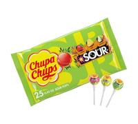 Chupa Chups SOUR Lecca lecca lecca, confezione assortita, al gusto di limone, fragola e mela, confezionate singolarmente, per adulti e bambini, confezione da 25