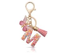 CHUQING Portachiavi da ragazza, con lettera e ciondolo a farfalla, con lettera iniziale, regalo, Rosa-M, S