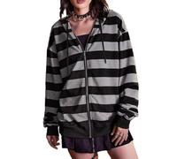 Chvity Felpa da Donna con Cappuccio a Righe a Maniche Lunghe con Zip per Donna Oversize Anni '90 Y2K con Coulisse Streetwear Grunge Jacket, Nero e Grigio., Small