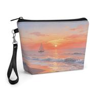 CHYDANY A Sunset at The Seaside, borsa per il trucco in pelle PU, astuccio per trucchi con manico e cerniera, borsa per cosmetici, per mamma, amici e donne, 22 x 6,6 x 14 cm