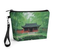 CHYDANY Borsa per il trucco con tempio antico nella foresta di bambù, in pelle PU, astuccio per trucchi con manico e cerniera, borsa per cosmetici, per mamma, amici e donne, 22 x 6,6 x 14 cm