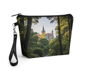 CHYDANY Borsa per trucchi colorata con palazzi e foreste, in pelle PU, astuccio per trucchi con manico e cerniera, borsa per cosmetici, per mamma, amici e donne, 22 x 6,6 x 14 cm