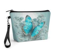 CHYDANY Borsa per trucchi con farfalla azzurra, in pelle PU, astuccio per trucchi con manico e cerniera, borsa per cosmetici, per mamma, amici e donne, 21 x 6,6 x 14 cm