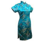 Chyoieya Abito corto vintage con drago e fenice, elegante Cheongsam da donna cinese con collo mandarino, sexy, mini, oversize, blu lago M