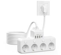 Ciabatta elettrica a 4 prese, commutabile singolarmente, colore bianco, 8 in 1, con 3 USB-A + 1 USB-C, 4000 W/13 A, cavo da 2 m, montaggio a parete, spina multipla per casa e ufficio