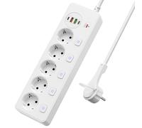 Ciabatta elettrica a 5 prese, commutabile singolarmente, multipresa con 2 USB A e 2 USB C, presa di distribuzione 5 scomparti con interruttore, ciabatta a parete con cavo di prolunga da 2 m, PD 20 W -