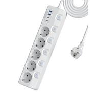 Ciabatta elettrica a 5 prese, con 4 USB, con protezione da sovratensione, commutabile singolarmente, multipresa piatta con interruttore, montaggio a parete, durata, ufficio, cucina, tavolo da 2 m