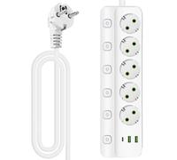 Ciabatta elettrica a 5 prese, USB, multipresa con interruttore, presa multipla con 2 USB e 1 tipo C, presa elettrica a parete, 2500 W, protezione da sovratensioni per casa, ufficio, cavo da 2 m