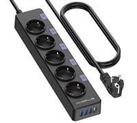 Ciabatta elettrica commutabile singola, 5 prese, con 1 USB-C e 3 USB-A, presa di protezione da sovratensione (3680 W/16 A), presa di distribuzione con sicurezza per bambini, per casa, ufficio, cavo da