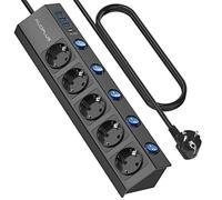 Ciabatta elettrica commutabile singola, 5 prese, montaggio a parete, con 1 caricatore rapido USB-C (PD 20 W) e 3 prese USB, presa multipla con protezione da sovratensione (3680 W/16 A), cavo da 2 m