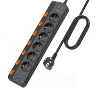 Ciabatta elettrica commutabile singola, 6 prese, montaggio a parete, con 1 caricatore rapido USB-C (PD 20W) e 2 prese USB-A, presa multipla con protezione da sovratensione (3680 W/16 A), cavo 3 m