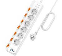 Ciabatta elettrica commutabile singola, 6 prese, montaggio a parete, con 1 caricatore rapido USB-C (PD 20W) e 2 prese USB-A, presa multipla con protezione da sovratensione (3680 W/16 A), cavo 3 m