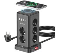 Ciabatta elettrica con USB, 11 prese, con caricatore wireless, torre con stazione di ricarica induttiva, cavo da 2 m, protezione da sovratensione