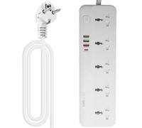 Ciabatta elettrica con USB-C e protezione da sovratensione, presa multipla con 5 prese universali con 4 porte USB (20 W PD QC 3.0), interruttore da 2500 W, cavo da 2 m, colore bianco