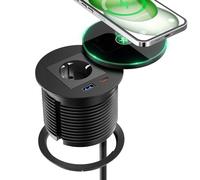 Ciabatta elettrica da incasso con USB C PD 30 W e 15 W, ricarica wireless, presa da incasso con USB e coperchio, presa a scomparsa con USB per mobili, piano di lavoro, cavo da 2 m, colore nero