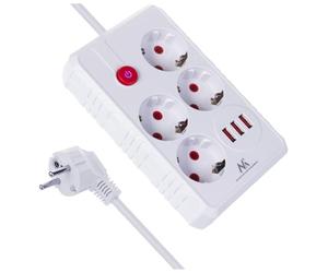 Ciabatta elettrica Maclean, cavo di prolunga a 4 prese + 3xUSB, 110-240V AC 50/60Hz, 2,1A max 2500W, 1,5m, bianco, MCE392 W