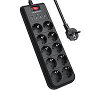 Ciabatta multipla 10 prese con interruttore, 4 prese USB, protezione da sovratensione, 4000 W, 16 A, presa di distribuzione, a parete, per casa, scuola, cavo da 2 m, colore nero