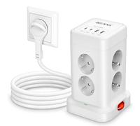 Ciabatta Multipresa con 4 USB 3680W Ciabatta a 8 Porte a Spina piatta 2M | Protezione da Sovratensioni, Cubo di Prese, Ciabatta con Interruttore Torre di Prese Prolunga con Cavo da 2 Metri