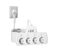 Ciabatta Multipresa con Interruttori Indipendenti, Ciabatta Elettrica 4 Prese con Spina Piatta Salvaspazio,Multipresa con USB C,Presa Multipla Schuko da Scrivania Spina Tedesca Cavo 2 m, Bianco
