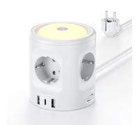 Ciabatta Multipresa con luce, ciabatta a 4 scomparti con 3 USB, presa di corrente con interruttore, presa multipla a cubo 3 modalità di illuminazione 16A, 2 M, per casa, ufficio F(Schuko)