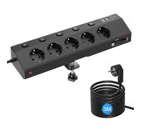 Ciabatta Multipresa con USB 30W, Scrivania Elettrica con 5 Prese, Multipresa Protezione Sovratensione con Interruttori Indipendenti e Prolunga Elettrica 3 Metri, 4000W Presa, Nero