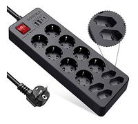 Ciabatta Multipresa con USB C 12 Prese, Multipresa Elettrica Protezione Sovratensione Fino a 1700 Joule,12 Posti e 4 USB Presa Multipla Shuko da scrivania Salvaspazio con interruttori,1,5M,Nero