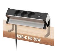 Ciabatta Multipresa con USB C, Multipresa Scrivania 3 Presa e 2 porte USB, Presa Multipla Impostazione Salvaspazio per Tavolo, Scrivania, 2500W/16A, Nera, Cavo da 1,8M