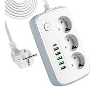 Ciabatta Multipresa con USB,Ciabatta Multipresa con Interruttore 5 USB A + 1 USB C e 3 Prese Multiple Spina Tedesca, Cavo di Prolunga da 2M, per Casa e Ufficio
