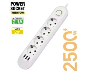 Ciabatta Multipresa Con USB da 2500 W Spina Universale 5 posti 3 USB