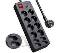 Ciabatta Multipresa USB C,Ciabatta Elettrica Protezione Sovratensione con Interruttori,12 Posti Presa Multipla Schuko,Universali Tedesca Spina,Power Strip da scrivania,Prolunga Elettrica 1,5m,Nero