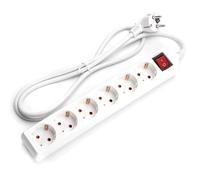 Ciabatta tedesca a 6 prese con interruttore singolo, cavo da 1,5 metri, sezione 3G 1,0 mm², colore bianco. Ideale per collegare più dispositivi in modo sicuro.